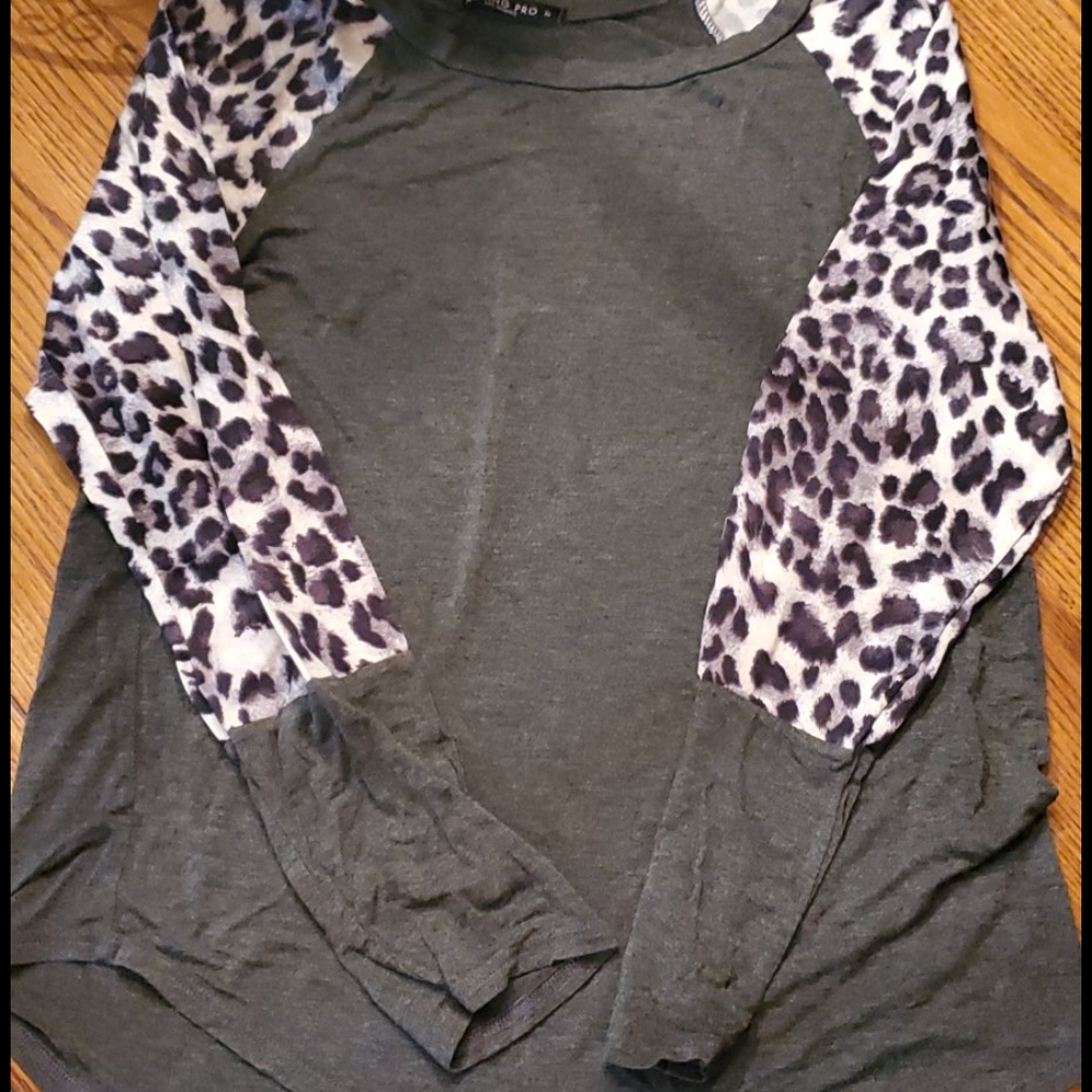 Grey and Leopard Print Long sleeved t-shirt